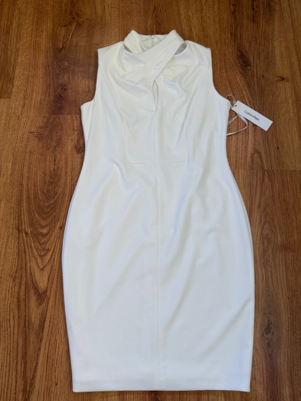 Calvin Klein White Sleeveless Twist-Neck Midi Sheath Dress